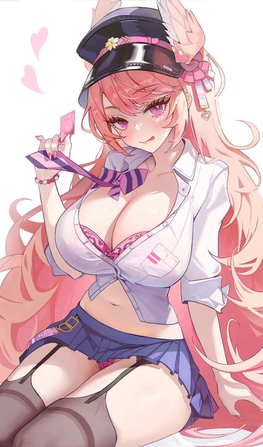 :p absurdres amesuku_gyaru azur_lane blush bow bowtie bra bra_peek breasts cleavage condom condom_wrapper crop_top female garter_straps gyaru hat heart highres holding holding_condom kogal large_breasts long_hair miniskirt mole nachi_(azur_lane) nachi_(retrofit)_(azur_lane) navel panties pantyshot partially_unbuttoned peaked_cap pink_eyes pink_hair pink_nails revision school_uniform shirt sitting skirt solo ssr_(azmr2828) striped_bow striped_bowtie striped_clothes thighhighs thighs tongue tongue_out underwear very_long_hair wing_hair_ornament