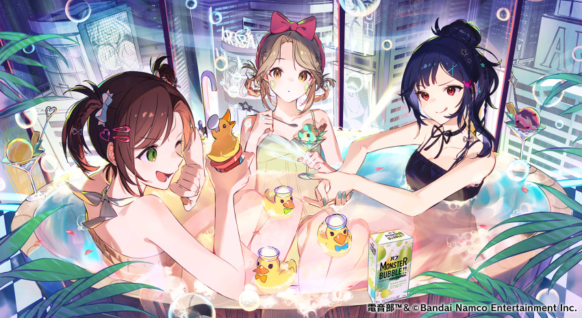 3girls bathing bathtub black_one-piece_swimsuit blonde_hair blue_hair braided_hair_rings brown_hair building commentary_request copyright_name copyright_notice denonbu food green_eyes hair_ornament hairclip hands_up heart heart_hair_ornament hidaka_reina_(denonbu) highres holding holding_spoon ice_cream ice_cream_cup ice_cream_spoon indoors kayano_futaba long_hair multiple_girls nail_polish official_alternate_costume official_alternate_hairstyle official_art one-piece_swimsuit one_eye_closed open_mouth palm_leaf partially_submerged petals ponytail red_eyes rubber_duck same-sex_bathing second-party_source shared_bathing shinonome_kazune short_hair skyscraper smile soap_bubbles splashing spoon swimsuit teru2307 tongue tongue_out two_side_up white_one-piece_swimsuit wooden_bathtub