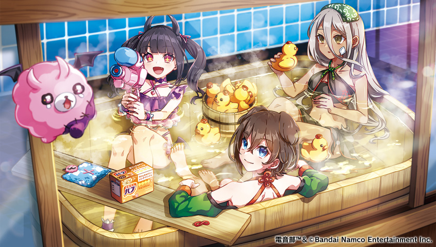 3girls :d abeno-shakuji-maya barefoot basin bathing bikini black_bikini black_hair black_horns blue_eyes blunt_bangs brown_eyes brown_hair closed_mouth commentary_request copyright_name copyright_notice crying crying_with_eyes_open dark-skinned_female dark_skin demon_horns denonbu fake_horns grey_hair hair_between_eyes hair_ribbon highres holding holding_water_gun horns indoors kaou_babu kirisaki_(gin16k) knees_up long_hair long_hair_between_eyes looking_at_another looking_at_viewer looking_back multiple_girls official_alternate_costume official_art ogami_matoi open_mouth partially_submerged pomemori product_placement purple_bikini reml ribbon rubber_duck same-sex_bathing second-party_source shared_bathing short_hair sitting smile steam swimsuit tears tile_wall tiles towel twintails water_gun wooden_bathtub