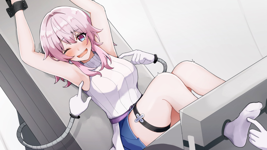 absurdres ankle_socks armpits arms_up belt blue_skirt blush bound breasts commentary commission dutch_angle earrings female high_belt highres honkai:_star_rail honkai_(series) jewelry laughing layered_skirt looking_at_viewer march_7th_(feast)_(honkai:_star_rail) march_7th_(honkai:_star_rail) medium_breasts miniskirt mitarashi38o official_alternate_costume one_eye_closed open_mouth purple_belt revision saliva single_earring skeb_commission skirt sleeveless sleeveless_sweater socks solo sweater thigh_strap tickle_torture tickling tickling_armpits tickling_feet white_skirt white_sleeves white_socks white_sweater