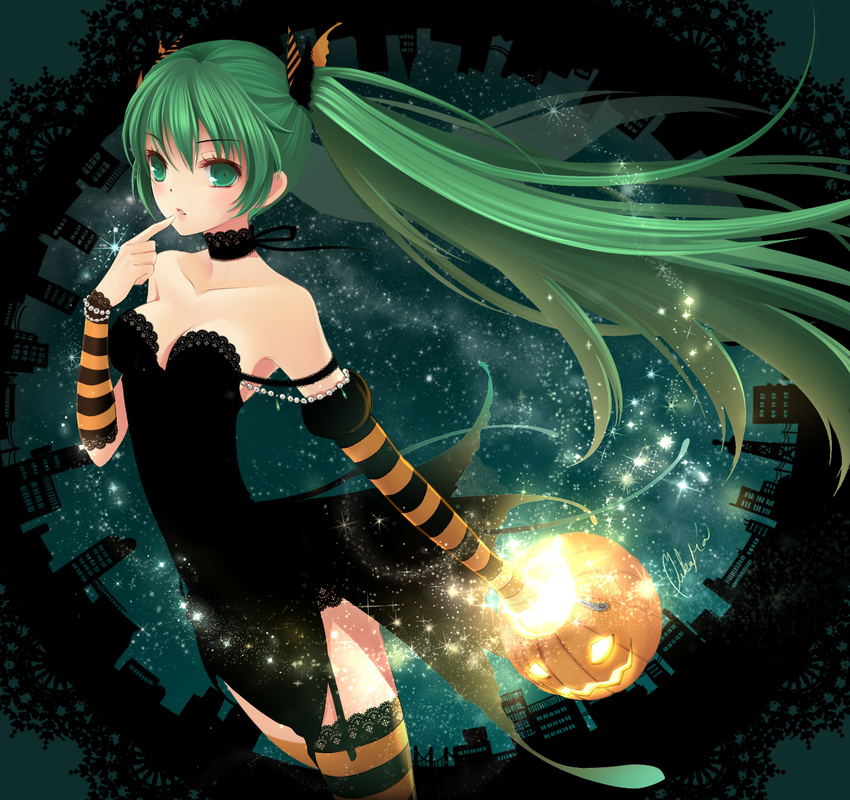 bad_id bad_pixiv_id bracelet choker cityscape detached_sleeves female garter_straps green_eyes green_hair halloween hatsune_miku highres jack-o'-lantern jewelry lace lace-trimmed_legwear lace_trim long_hair night ouka_mai pumpkin solo striped_clothes striped_thighhighs thighhighs twintails very_long_hair vocaloid