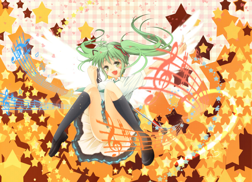 absurdres asupara beamed_eighth_notes blush commentary_request eighth_note eighth_rest female green_hair half_note hatsune_miku heart highres kneehighs legs loafers long_hair microphone musical_note necktie oerba_yun_fang panties pantyshot photoshop_(medium) pointing quarter_note quarter_rest sharp_sign shoes sitting skirt socks solo staff_(music) star_(symbol) striped_clothes striped_panties time_signature treble_clef twintails underwear vocaloid whole_rest wings