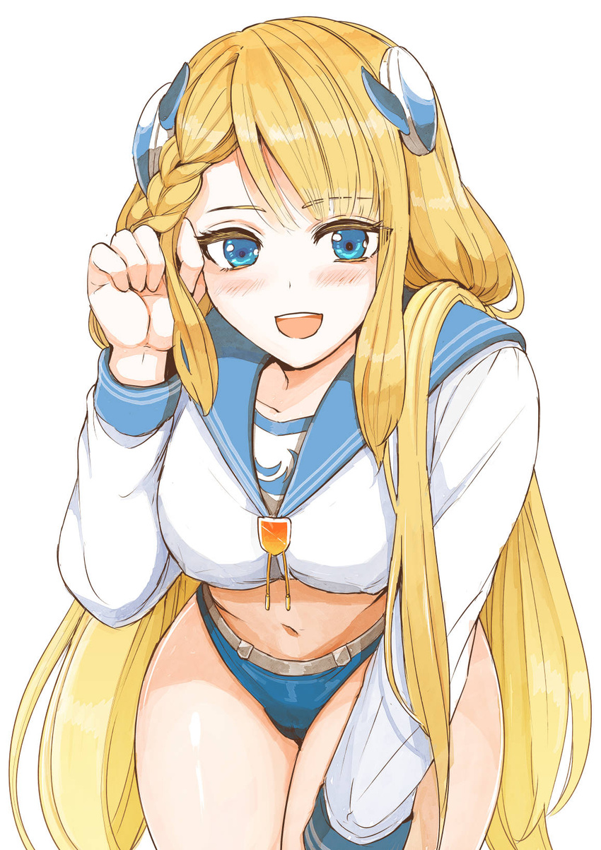 :d asymmetrical_bangs asymmetrical_hair blonde_hair blue_eyes blue_panties blue_sailor_collar blush braid breasts cameltoe clenched_hand cowboy_shot crop_top eyelashes female french_braid hand_in_own_hair hand_on_own_thigh hand_up haruha_(aeropolis) headgear highres last_origin leaning_forward long_hair long_sleeves looking_at_viewer low_twintails medium_breasts midriff navel no_pants open_mouth panties sailor_collar sailor_shirt shirt sidelocks simple_background single_braid smile solo straight-on straight_hair teeth tongue twintails underwear undine_(last_origin) upper_teeth_only very_long_hair white_background white_shirt wide_hips