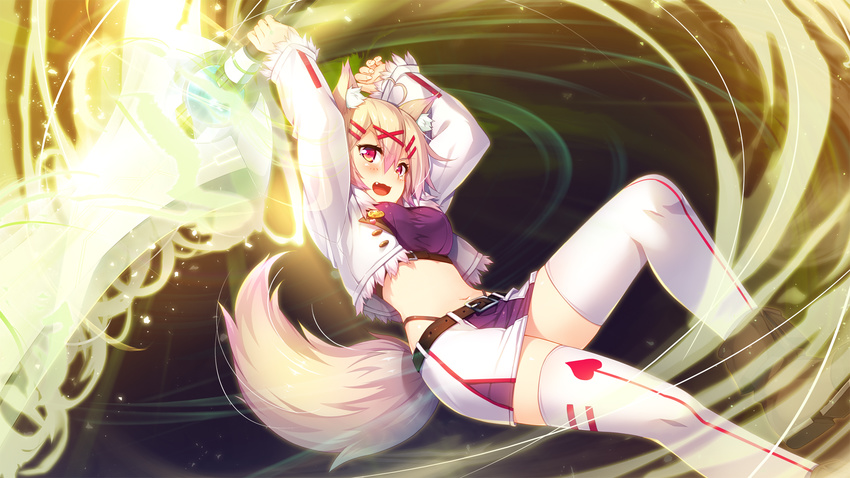 animal_ears aristear_remain arms_up astronauts astronauts_comet belt blonde_hair blush boots breasts eyebrows eyebrows_visible_through_hair female fighting_stance fox_ears game_cg highres holding_sword jacket kokusan_moyashi legs long_sleeves looking_at_viewer magic midriff navel open_mouth pink_eyes rozea serious short_hair simple_background skirt small_breasts solo sword tail thighhighs thighs weapon