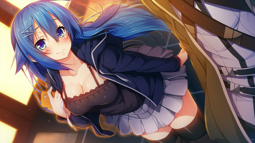 aristear_remain astronauts astronauts_comet blue_eyes blue_hair blush breasts cellphone cleavage female furukawa_mai game_cg grey_skirt hair_ornament highres jacket kokusan_moyashi legs long_hair long_sleeves looking_at_viewer rozea skirt smile solo_focus standing thighhighs thighs walking zettai_ryouiki