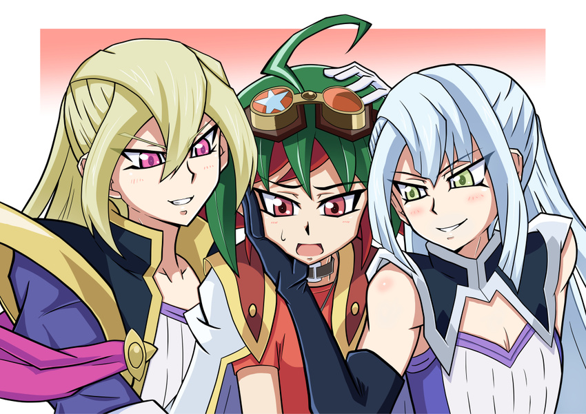 1boy 2girls blonde_hair evil_grin gloria_tyler grace_tyler multicolored_hair multiple_girls pink_eyes red_eyes sakaki_yuuya smile white_hair yu-gi-oh!