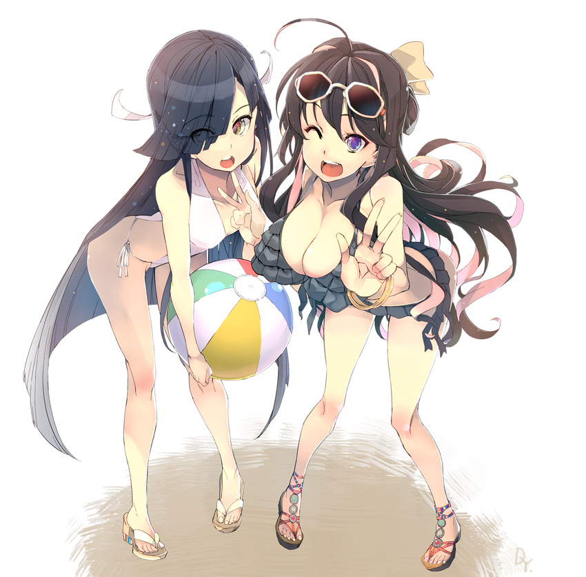 2girls :d :o ahoge ball beachball bikini black_hair bow bracelet breasts cleavage commentary_request double_v eyes_visible_through_hair eyewear_on_head frilled_bikini frills full_body hair_over_one_eye hairbow hayashimo_(kancolle) hidori_(hibi_toridori) highres jewelry kantai_collection large_breasts leaning_forward multicolored_hair multiple_girls naganami_(kancolle) one_eye_closed open_mouth pigeon-toed pink_hair purple_eyes side-tie_bikini_bottom smile standing sunglasses swimsuit two-tone_hair v white_background yellow_eyes