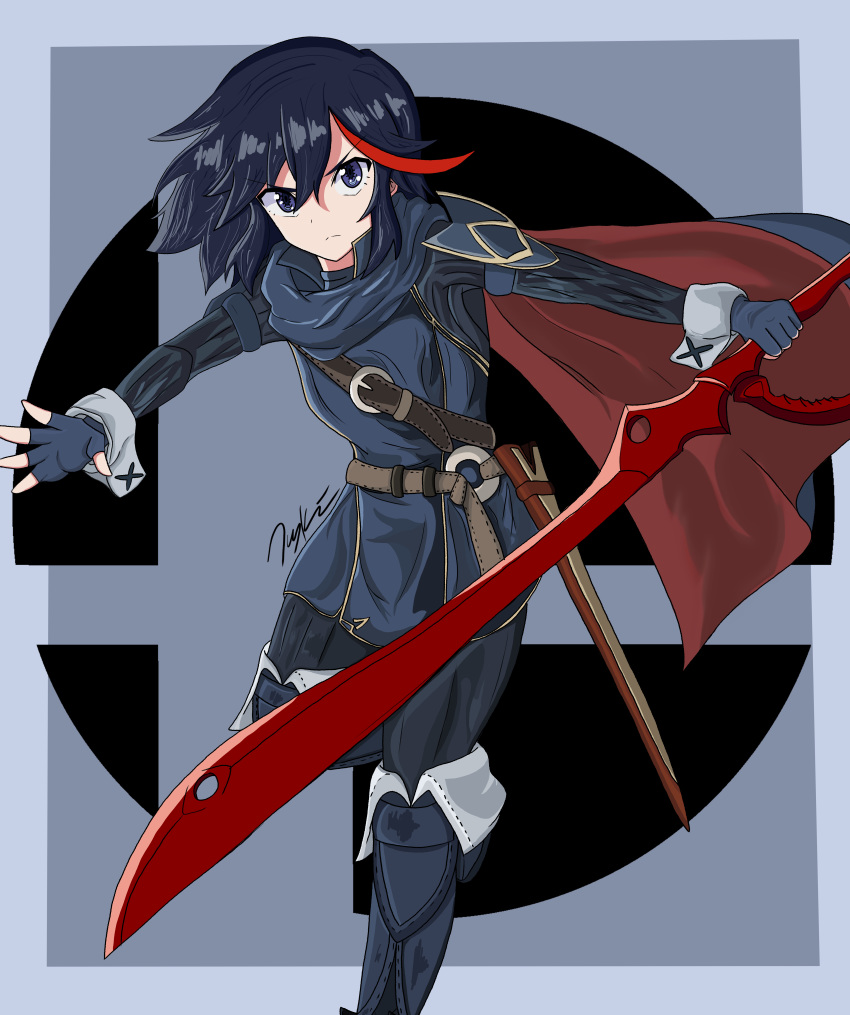 absurdres belt black_hair blue_hair boots cape commentary cosplay english_commentary feet_out_of_frame female fingerless_gloves fire_emblem fire_emblem_awakening gloves grey_background highres holding holding_sword holding_weapon kibble3 kill_la_kill logo looking_at_viewer lucina_(fire_emblem) lucina_(fire_emblem)_(cosplay) matoi_ryuuko multicolored_hair photoshop_(medium) red_hair scabbard scissor_blade_(kill_la_kill) sheath short_hair signature solo streaked_hair super_smash_bros. sword thigh_boots thighhighs two-tone_hair weapon