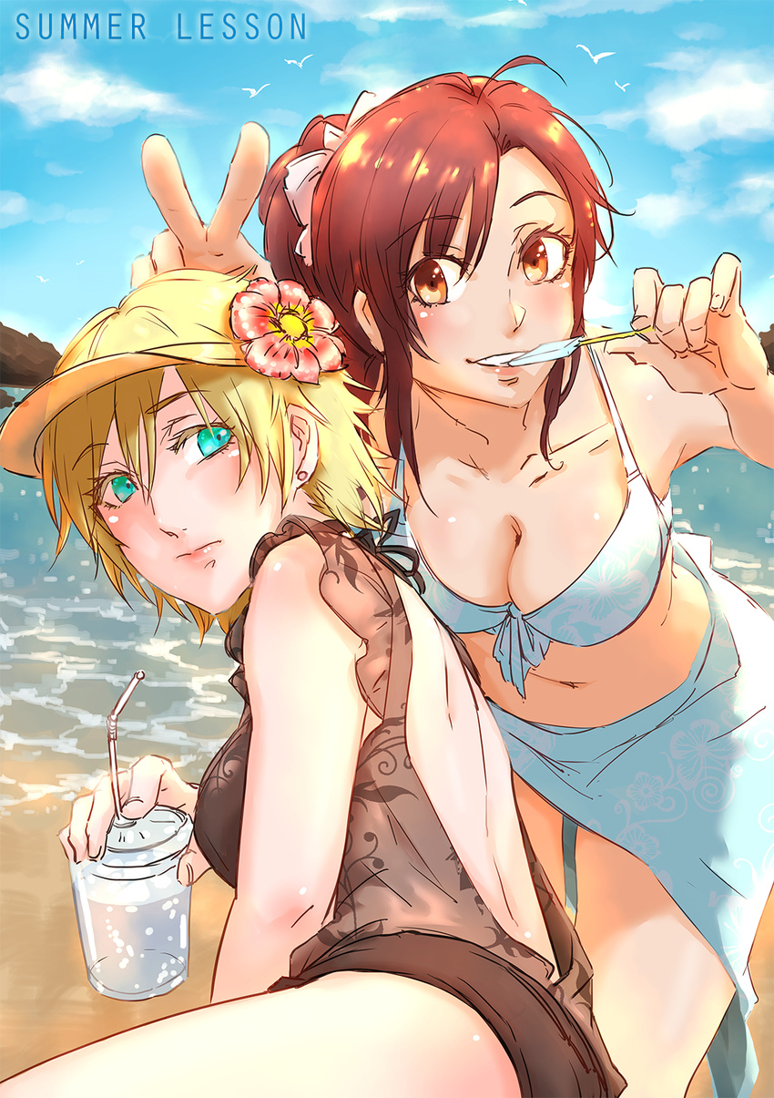 2girls allison_(summer_lesson) beach bikini blonde_hair blue_bikini blue_eyes blue_sarong blue_sky brown_eyes brown_hair cloud commentary_request cup day drinking_straw flower food hair_flower hair_ornament highres miyamoto_hikari multiple_girls outdoors popsicle sarong sky summer_lesson swimsuit tied_hair title v yoruhasu_gekkei