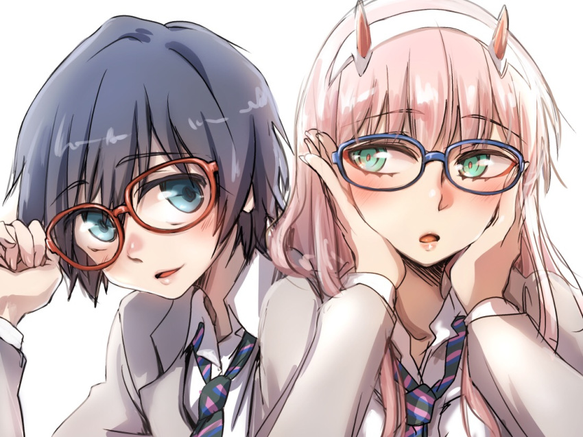 1boy adjusting_eyewear androgynous black_hair blue_eyes blush commentary couple darling_in_the_franxx female glasses green_eyes grey_jacket hair_ornament hairband hand_on_eyewear hands_on_own_face herozu_(xxhrd) hiro_(darling_in_the_franxx) horns jacket long_hair long_sleeves necktie oni_horns open_clothes open_jacket pink_hair red_horns straight striped striped_necktie white_hairband zero_two_(darling_in_the_franxx)