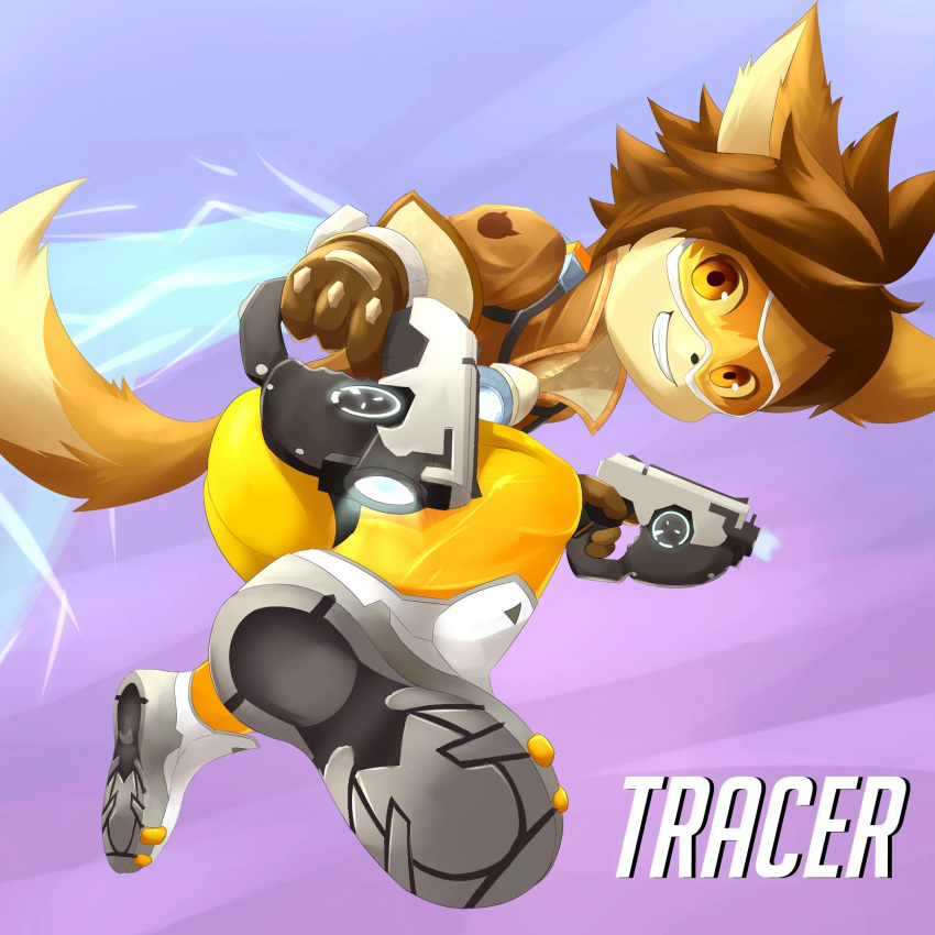 1:1 2016 blizzard_entertainment canid canine clothed clothing eyewear goggles gun hi_res male mammal overwatch ranged_weapon rann solo tracer_(overwatch) weapon yellow_eyes young