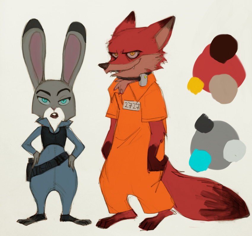 2016 anthro buckteeth canid canine clothing collar disney duo female fox hand_on_hip hi_res inmates_clothing judy_hopps lagomorph leporid long_ears looking_at_viewer male mammal nick_wilde nicolaswildes_(artist) orange_jumpsuit police police_uniform prison_uniform rabbit red_fox sharp_teeth shock_collar size_difference teeth traditional_media_(artwork) true_fox uniform zistopia zoodystopia zootopia