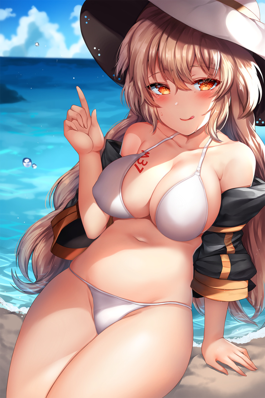 :q arm_support bad_id bad_twitter_id bare_shoulders beach bikini blue_sky blush body_writing breasts brown_hair character_name cleavage closed_mouth cloud collarbone commentary_request covered_nipples day female girls'_frontline groin hair_between_eyes hat head_tilt highres hip_focus index_finger_raised jacket korean_commentary large_breasts long_hair looking_at_viewer m37_(girls'_frontline) m37_(summer_parader)_(girls'_frontline) navel ocean official_alternate_costume open_clothes open_jacket orange_eyes outdoors sand sidelocks sitting sky smile solo stomach sun_hat sweat swimsuit tongue tongue_out very_long_hair water_drop waves white_bikini zerocat