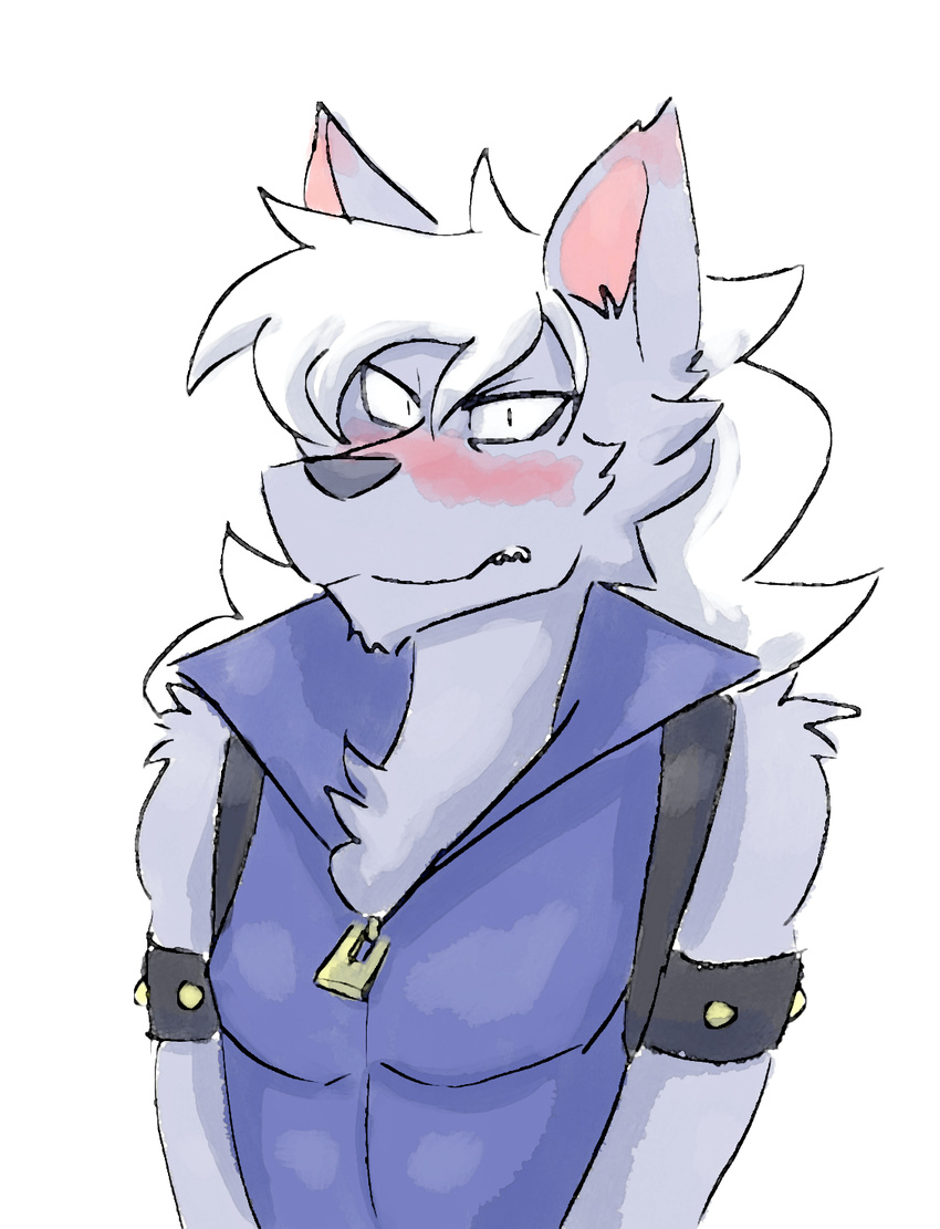 ambiguous_gender anthro avoid_posting blue_clothing blue_topwear blue_vest blush canid canine canis clothed clothing doopcity embarrassed fluffy fur grey_body grey_fur hair hi_res long_hair male mammal pretty_cure reaction_image topwear vest white_hair wolf wolfrun zipper