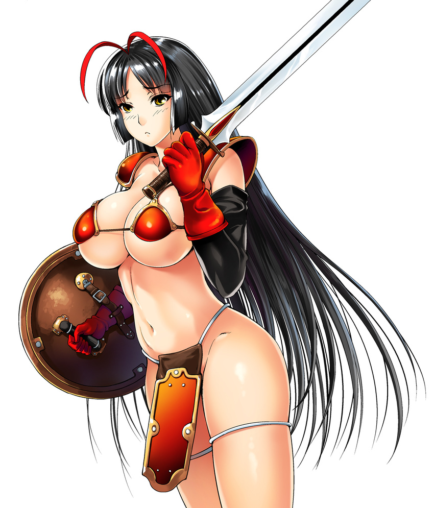 :< antenna_hair armor bikini_armor black_hair breasts cleavage closed_mouth commentary_request cosplay cowboy_shot detached_sleeves dragon_quest dragon_quest_iii female from_side gen_(genetrix) gloves highres hime_cut holding holding_shield holding_sword holding_weapon large_breasts loincloth long_hair looking_at_viewer looking_to_the_side miko-chan_(gen_(genetrix)) multicolored_hair navel no_panties original pauldrons photoshop_(medium) red_armor red_gloves red_hair shield shoulder_armor soldier_(dq3) soldier_(dq3)_(cosplay) solo stomach sword two-tone_hair underboob very_long_hair weapon white_background yellow_eyes