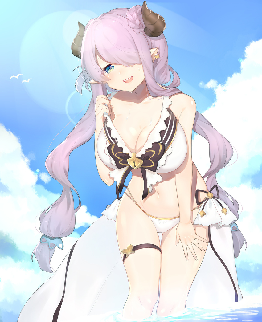 absurdres bikini blue_eyes braid breasts cleavage cow_girl cow_horns curvy female female granblue_fantasy hair_ornament hair_over_one_eye hairclip horns kino_(artist) large_breasts leaning_forward lock long_hair long_skirt looking_at_viewer narumeia_(granblue_fantasy) navel ocean open_mouth open_skirt outdoors pointy_ears purple_hair skirt sky smile solo standing summer sunburst swimsuit thigh_gap white_bikini white_swimsuit