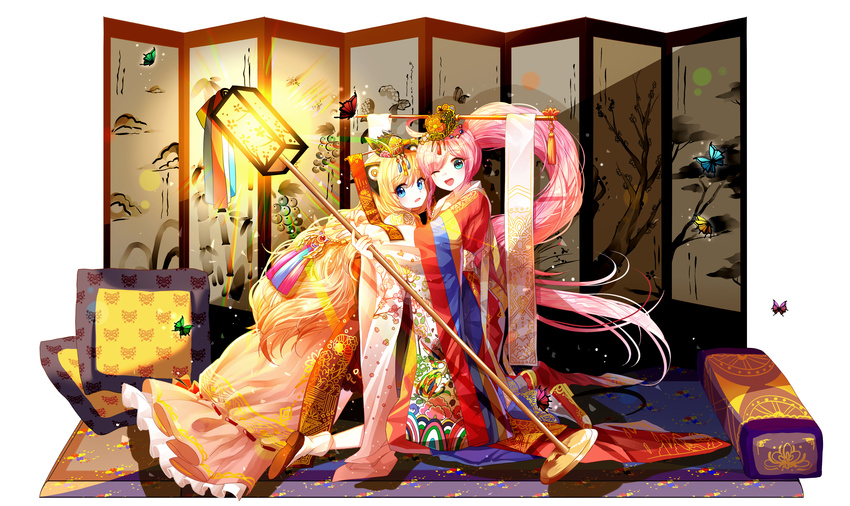 2girls ;d absurdres bad_id bad_pixiv_id blonde_hair blue_eyes blush brown_footwear bug butterfly crown cushion floral_print folding_screen full_body fusuma gem genjiguruma gomusin green_eyes hair_between_eyes head_tilt highres holding hug hwalot jewelry jokduri kneeling korean_clothes lamp lepoule light light_rays long_hair looking_at_viewer looking_to_the_side multicolored_clothes multiple_girls one_eye_closed open_mouth painting_(object) parted_bangs pink_hair ponytail seeu shadow shoes sliding_doors smile socks tassel uni_(vocaloid) very_long_hair vocaloid white_legwear wide_sleeves