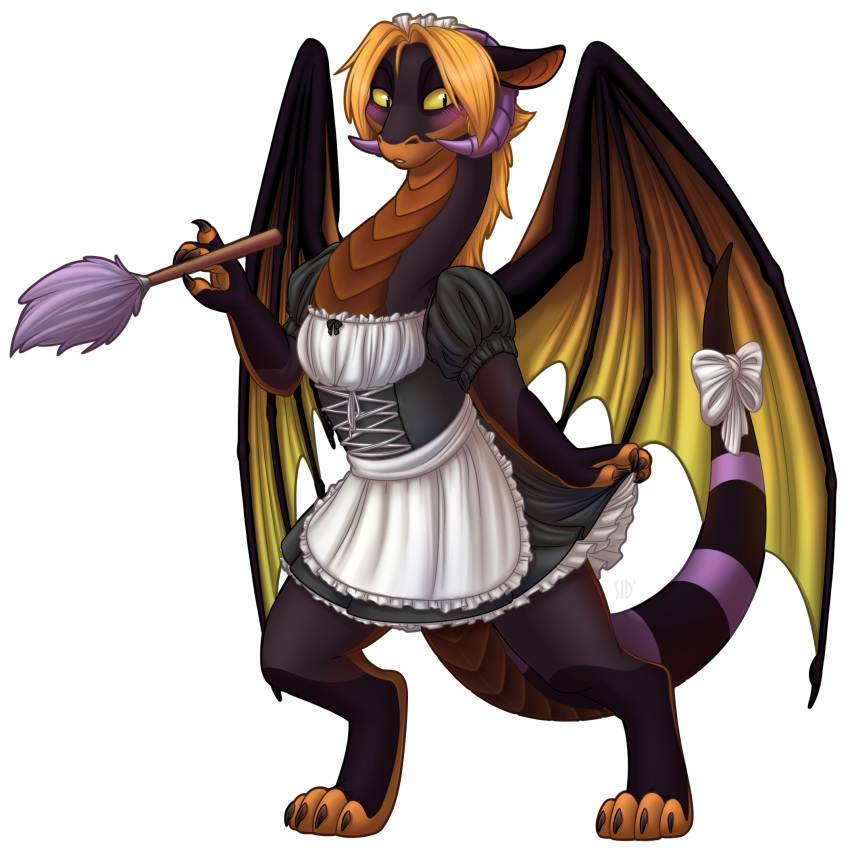 2018 alpha_channel ambiguous_gender anthro blonde_hair blush clothed clothing digital_media_(artwork) dragon hair hi_res looking_at_viewer maid_uniform mythological_creature mythological_scalie mythology scalie sidnithefox simple_background solo standing tail transparent_background uniform wings zazush_(zazush-una)