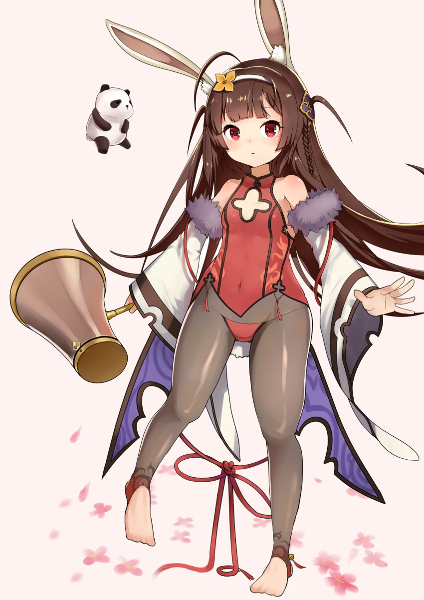 ahoge animal_ears azur_lane bad_feet barefoot black_legwear braid brown_hair commentary_request covered_navel detached_sleeves female flower hair_flower hair_ornament hairband highres long_hair lowleg lowleg_panties mallet panda panties pantyhose ping_hai_(azur_lane) ping_hai_(osmanthus_moon_rabbit)_(azur_lane) rabbit_ears red_eyes red_panties red_shirt shirt toeless_legwear underwear weapon xiao_bailong