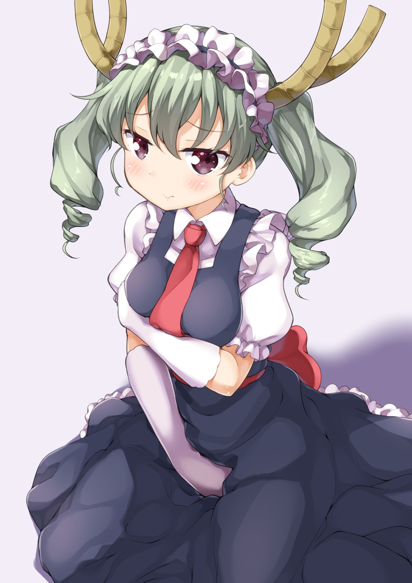 absurdres anchovy_(girls_und_panzer) blush commentary_request cosplay drill_hair embarrassed female girls_und_panzer gloves green_hair hair_between_eyes highres horns kobayashi-san_chi_no_maidragon long_hair maid maid_headdress miyabi_(miyabeeya) necktie puffy_short_sleeves puffy_sleeves red_necktie short_sleeves solo tohru_(maidragon) tohru_(maidragon)_(cosplay) twin_drills twintails white_gloves