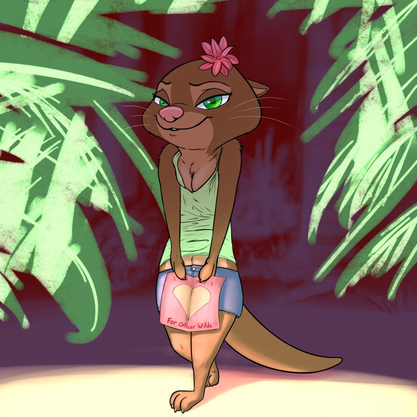 1:1 2019 absurd_res anthro barefoot bottomwear clothed clothing disney feet female flower fur green_eyes hi_res kris_(zootopia) looking_at_viewer mammal mustelid nemonutkin otter plant shirt shorts smile solo standing tank_top text topwear whiskers zootopia