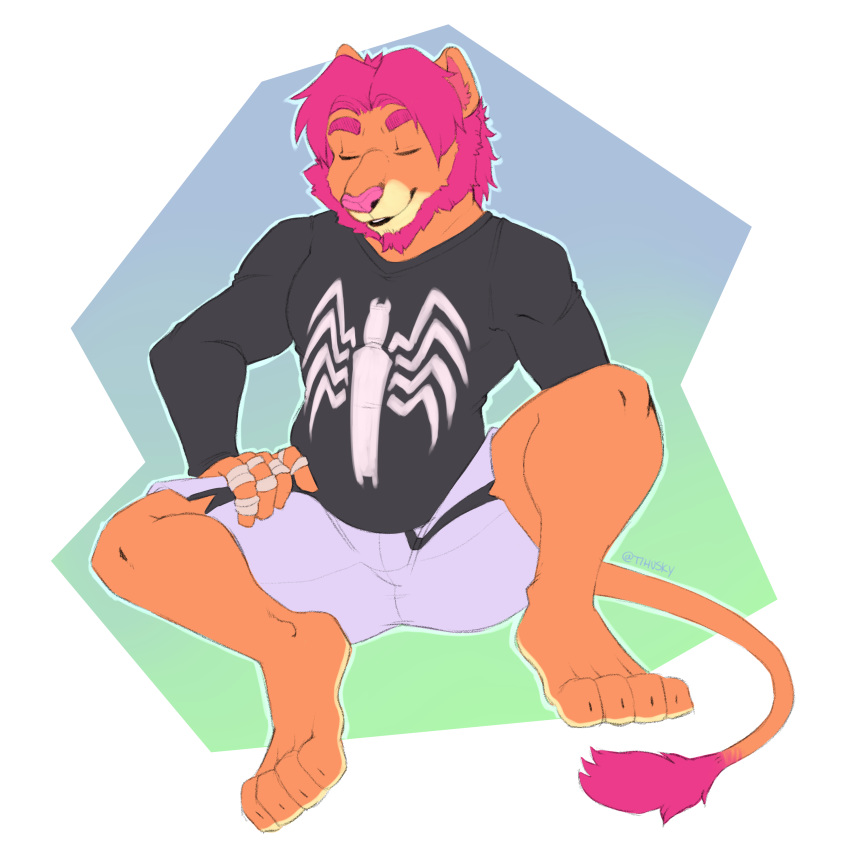 1:1 absurd_res anthro beard closed_eyes clothed clothing digital_media_(artwork) facial_hair felid hair hi_res lion male mammal pantherine pink_hair simple_background smile solo spazzyhusky spread_legs spreading