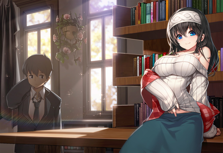 1boy bare_shoulders black_hair black_jacket blue_eyes blue_skirt book bookshelf breasts brown_eyes brown_hair cleavage closed_mouth clothes_lift collared_shirt commentary_request curtains day female formal headband highres idolmaster idolmaster_cinderella_girls indoors jacket large_breasts lifting_own_clothes long_hair long_sleeves looking_at_viewer off-shoulder_sweater off_shoulder plaid plaid_scarf plant potted_plant producer_(idolmaster) red_scarf rheez ribbed_sweater sagisawa_fumika scarf shirt skirt sleeves_past_wrists smile standing striped suit sunlight sweater sweater_lift table upper_body vertical_stripes white_shirt window wing_collar