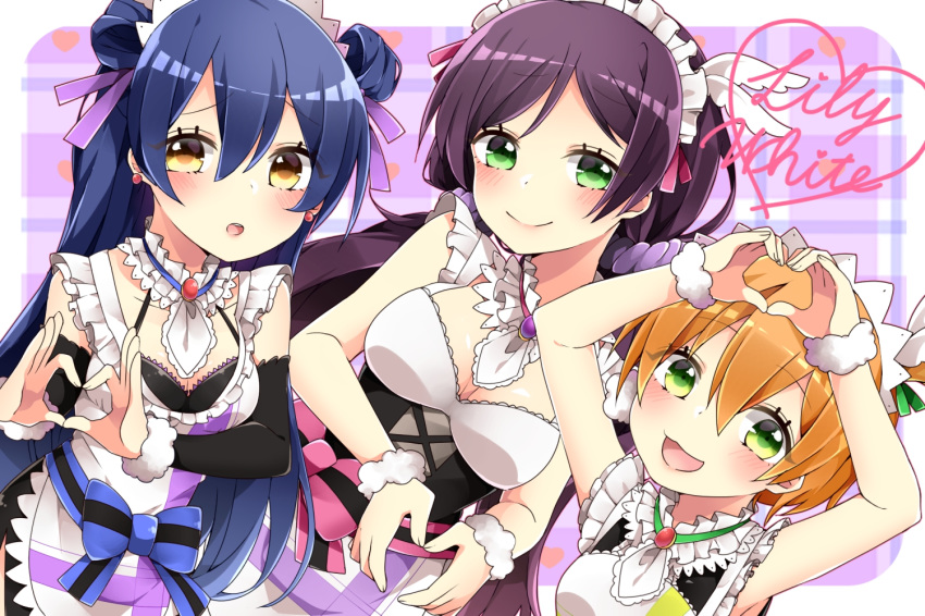 apron blue_hair blush commentary_request detached_sleeves earrings green_eyes heart heart_hands hoshizora_rin jewelry lily_white_(love_live!) long_hair love_live! love_live!_school_idol_project low_twintails maid maid_apron maid_headdress mogyutto_"love"_de_sekkin_chuu! multiple_girls one_side_up open_mouth orange_hair pink_scrunchie purple_hair scrunchie shizuku_(puti_0414) smile sonoda_umi tojo_nozomi twintails yellow_eyes