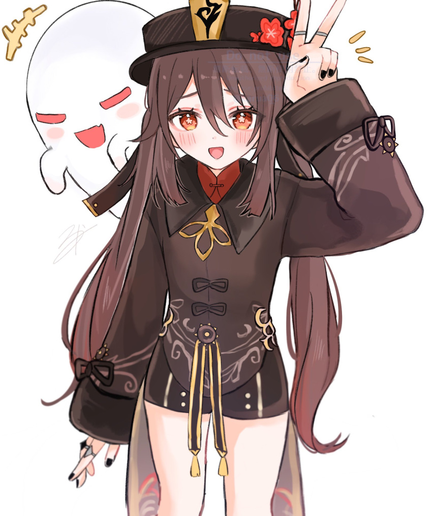 black_hat black_nails black_shorts boo_tao_(genshin_impact) brown_hair brown_shirt chinese_clothes female flat_chest flower flower-shaped_pupils genshin_impact gradient_hair hat hat_flower highres hu_tao_(genshin_impact) jewelry karua0621 long_hair long_sleeves looking_at_viewer multicolored_hair multiple_rings nail_polish open_mouth plum_blossoms porkpie_hat red_eyes red_flower ring shirt short_shorts shorts simple_background solo symbol-shaped_pupils tailcoat thumb_ring twintails v watermark white_background wide_sleeves