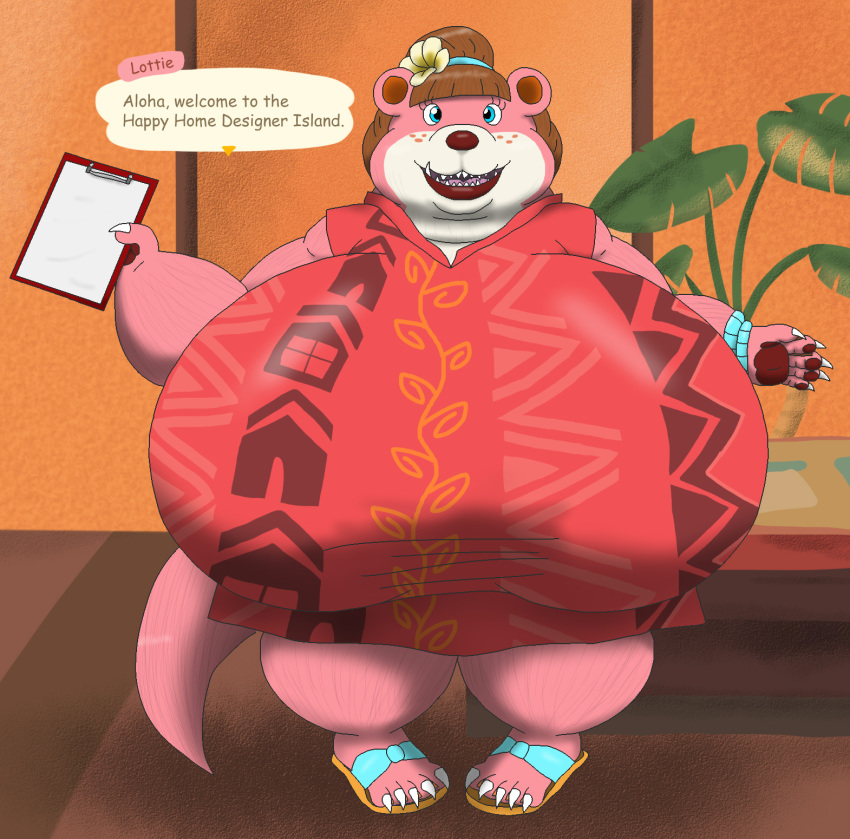 alythewolfcat animal_crossing anthro big_breasts breasts clipboard clothing dress english_text female freckles hi_res huge_breasts hyper hyper_breasts lottie_(animal_crossing) mammal mustelid nintendo otter overweight overweight_female river_otter solo text