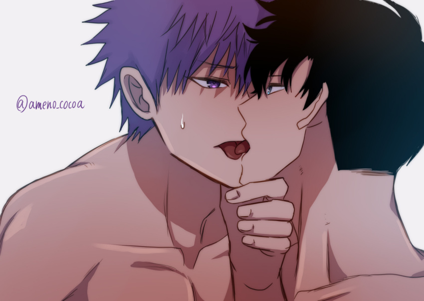 2boys akina_(user_htkx7587) black_hair bloom blue_eyes collarbone couple french_kiss hair_between_eyes hand_on_another's_chin kang_tae-shik kissing looking_at_another male_focus multiple_boys purple_eyes purple_hair shaded_face short_hair solo_leveling sung_jin-woo sweatdrop tongue topless_male twitter_username white_background yaoi