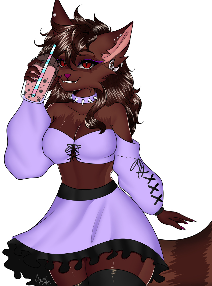 absurd_res alternative_fashion anthro back_markings bmsarts brown_body brown_ear_tips brown_fur brown_hair brown_tail canid canine claws clothing collar demon digital_media_(artwork) dipstick_ears dress ear_fur ear_markings ear_piercing eye_scar eyeliner facial_markings facial_scar felid feline female fennec_fox fox fur goth hair head_markings hi_res hybrid industrial_piercing kariatenma long_hair lynx makeup mammal markings mask_(marking) meme meme_clothing multicolored_body multicolored_ears multicolored_fur pastel_goth pattern_background piercing pink_claws pink_nose procyonid purple_clothing purple_collar purple_dress purple_eyeliner raccoon red_eyes ring_(marking) ringed_tail scar simple_background smile smiling_at_viewer solo spiked_collar spikes striped_markings striped_tail stripes tail tail_markings text thick_thighs trans_(lore) trans_woman_(lore) true_fox wide_hips