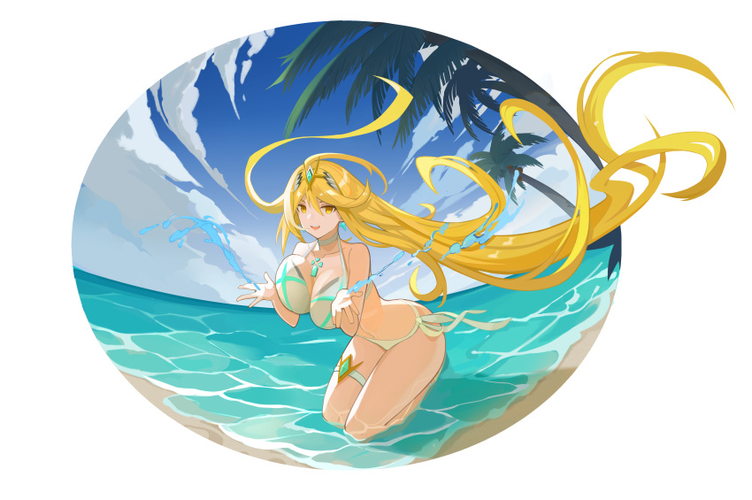 absurdres blonde_hair breasts chest_jewel coconut_tree commentary earrings female highres jewelry large_breasts long_hair mythra_(xenoblade) o2_(rin617) palm_tree shore solo tiara tree very_long_hair xenoblade_chronicles_(series) xenoblade_chronicles_2 yellow_eyes