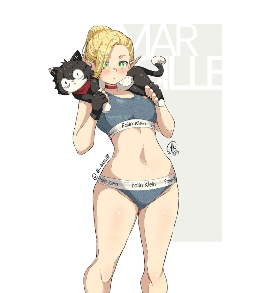 animal blonde_hair braid brand_name_imitation calvin_klein character_name choker dungeon_meshi elf feline female green_eyes grey_panties grey_sports_bra highres holding holding_animal holding_cat izutsumi jk_arts marcille_donato navel panties pointy_ears red_choker sports_bra underwear underwear_writing white_background