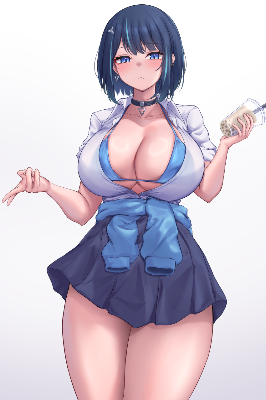 absurdres bikini bikini_under_clothes black_choker blue_bikini blue_cardigan blue_eyes blue_hair blue_skirt blush breasts bubble_tea cardigan cardigan_around_waist chinese_commentary choker cleavage clothes_around_waist commentary_request cup earrings evil_twin_lil-la female hands_up highres holding holding_cup jewelry large_breasts lil-la_(yu-gi-oh!) looking_at_viewer neko_punch_(user_hddm3373) school_uniform short_hair simple_background single_earring skirt solo swimsuit unbuttoned white_background yu-gi-oh!