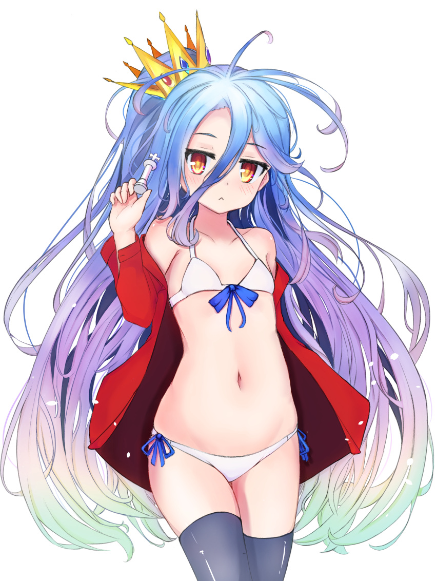 :< absurdres armpit_crease bikini black_thighhighs blue_hair blush chess_piece closed_mouth crown female flat_chest gradient_hair hair_between_eyes highres holding holding_chess_piece jacket kiniro_neko long_hair looking_at_viewer multicolored_hair navel no_game_no_life red_jacket shiro_(no_game_no_life) simple_background solo stomach swimsuit thighhighs very_long_hair white_background white_bikini yellow_eyes