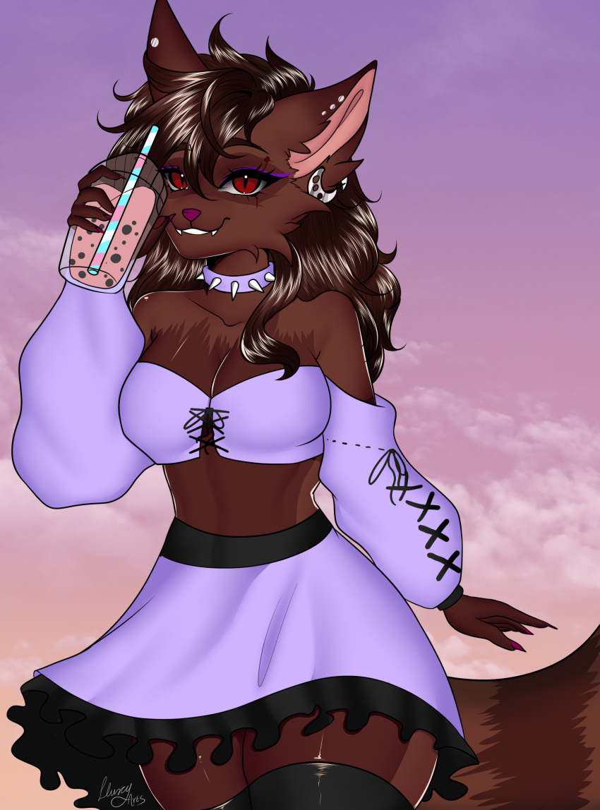 absurd_res alternative_fashion anthro back_markings bmsarts brown_body brown_ear_tips brown_fur brown_hair brown_tail canid canine claws clothing collar demon digital_media_(artwork) dipstick_ears dress ear_fur ear_markings ear_piercing eye_scar eyeliner facial_markings facial_scar felid feline female fennec_fox fox fur goth hair head_markings hi_res hybrid industrial_piercing kariatenma long_hair lynx makeup mammal markings mask_(marking) meme meme_clothing multicolored_body multicolored_ears multicolored_fur pastel_goth pattern_background piercing pink_claws pink_nose procyonid purple_clothing purple_collar purple_dress purple_eyeliner raccoon red_eyes ring_(marking) ringed_tail scar simple_background smile smiling_at_viewer solo spiked_collar spikes striped_markings striped_tail stripes tail tail_markings text thick_thighs trans_(lore) trans_woman_(lore) true_fox wide_hips