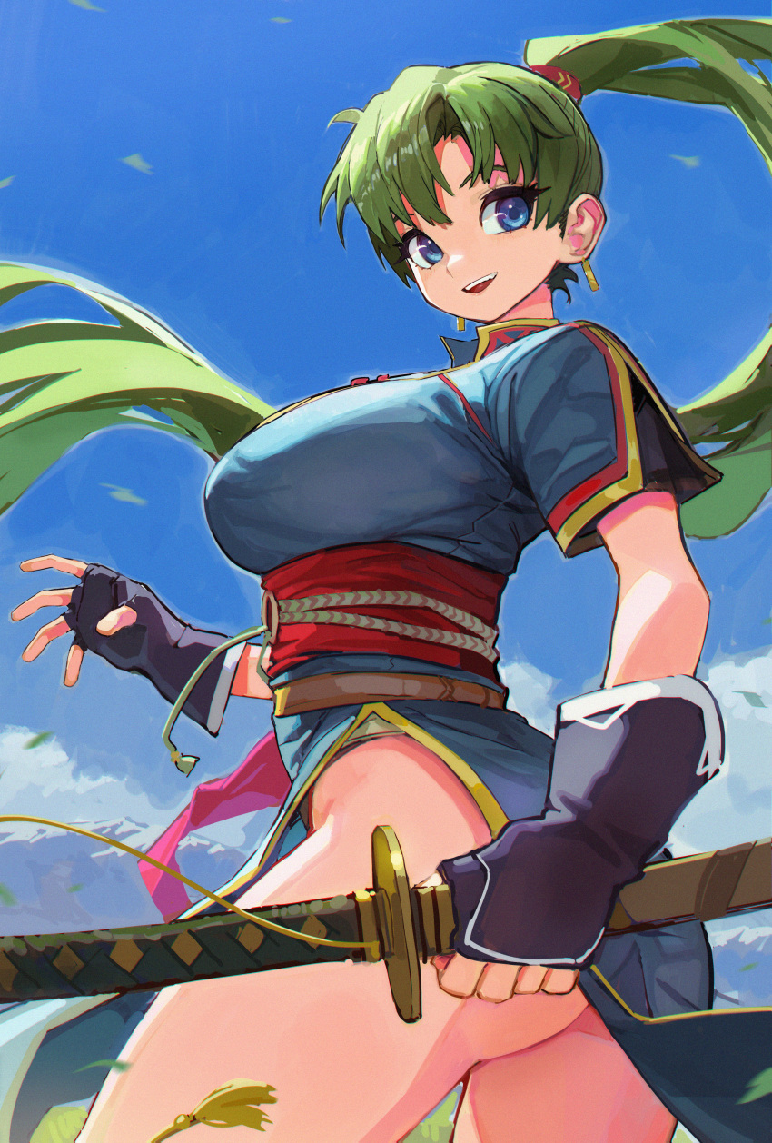 absurdres ass black_gloves blue_dress blue_eyes blue_sky china_dress chinese_clothes cloud commentary dress earrings english_commentary female fingerless_gloves fire_emblem fire_emblem:_the_blazing_blade gloves green_hair highres holding holding_sword holding_weapon jewelry letro long_hair looking_at_viewer lyn_(fire_emblem) no_panties outdoors pelvic_curtain ponytail sash short_sleeves sky smile solo sword teeth upper_teeth_only very_long_hair weapon