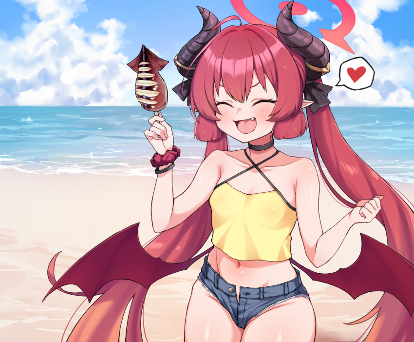 ahoge alternate_costume bangle bare_shoulders beach black_choker black_horns black_ribbon blue_archive blue_shorts blue_sky blush bracelet breasts choker cleanerjay closed_eyes cloud cloudy_sky commentary_request cowboy_shot criss-cross_halter crop_top day demon_girl demon_horns demon_wings denim denim_shorts female food hair_between_eyes hair_ribbon halo halterneck heart highres holding holding_skewer horns ikayaki jewelry junko_(blue_archive) long_hair low_wings micro_shorts midriff navel ocean oerba_yun_fang open_fly open_mouth outdoors pointy_ears red_hair red_halo red_scrunchie red_wings revision ribbon scrunchie shirt shore shorts skewer sky small_breasts smile solo spoken_heart standing tongue twintails very_long_hair wagashi water wings wrist_scrunchie yellow_shirt