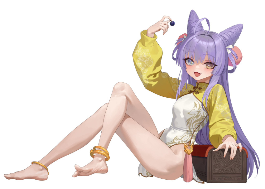 :3 :d ahoge anklet blue_eyes bow china_dress chinese_clothes dress feet female fox groin hair_horns hair_ornament hairbow heterochromia highres holding_cherry hongcasso jewelry legs pelvic_curtain puffy_sleeves purple_hair simple_background smile solo stellive tassel tenko_shibuki virtual_youtuber white_background white_dress white_footwear yellow_dress yellow_eyes