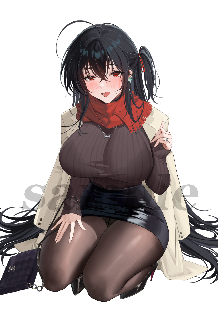 absurdres ahoge awwwwys azur_lane bag black_bag black_footwear black_hair black_skirt black_sweater blush breasts brown_pantyhose buttons coat coat_on_shoulders commission crossed_bangs earrings female fine_fabric_emphasis fingernails flower_earrings handbag high_heels highres jewelry large_breasts leather_skirt long_hair long_sleeves miniskirt necklace one_side_up open_mouth original panties panty_peek pantyhose red_eyes red_ribbon red_scarf ribbon ring sample_watermark scarf simple_background skirt smile squatting sweater taihou_(azur_lane) underwear very_long_hair watermark wedding_ring white_background