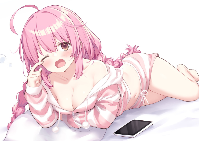 ;o absurdres ahoge bare_shoulders barefoot braid breasts brown_eyes cellphone cleavage commission crop_top drawstring female hand_up highres hiraga_matsuri indie_virtual_youtuber long_hair looking_at_viewer lying medium_breasts midriff navel off_shoulder on_stomach one_eye_closed open_mouth phone pink_hair pink_shorts short_shorts shorts simple_background skeb_commission smartphone solo stomach striped_clothes striped_shorts striped_sweater sweater thighs twin_braids very_long_hair virtual_youtuber white_background