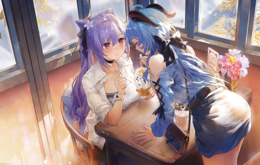 2girls absurdres alternate_costume bag black_choker black_horns blue_hair blue_shirt blue_skirt chinese_commentary choker collarbone commentary_request cup drinking_straw flower ganyu_(genshin_impact) genshin_impact hair_between_eyes handbag highres holding holding_cup holding_drinking_straw horns indoors jacket keqing_(genshin_impact) long_hair looking_at_another multiple_girls pencil_skirt purple_eyes purple_hair shirt sitting skirt standing swkl:d table white_jacket