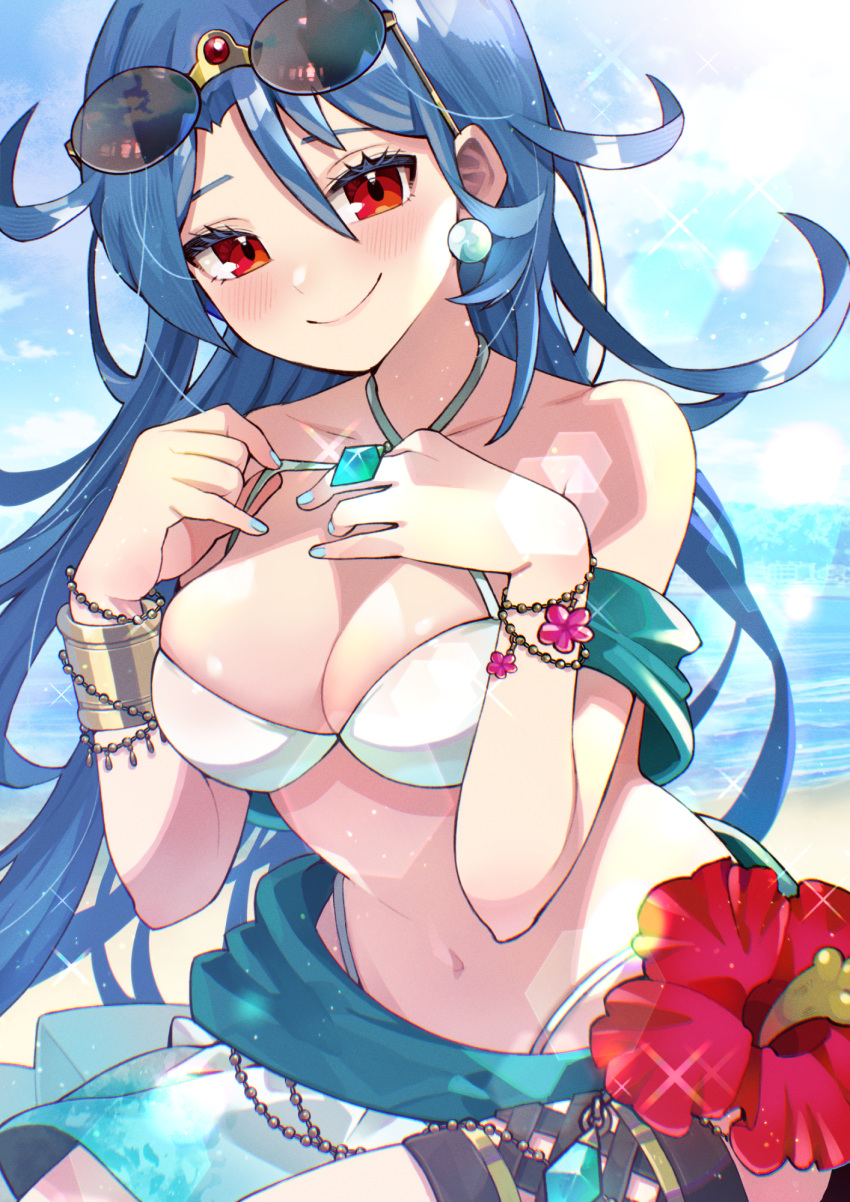 alternate_costume bare_shoulders beach bikini blue_hair breasts circlet cleavage collarbone commentary_request day dragon_quest dragon_quest_iii earrings eyewear_on_head female flower highres jewelry kuzuno_ha large_breasts long_hair looking_at_viewer navel necklace ocean outdoors red_eyes sage_(dq3) solo sunglasses swimsuit white_bikini