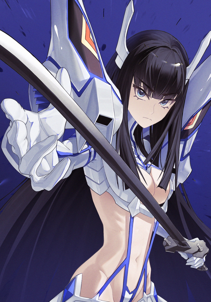 absurdres bakuzan black_hair blue_background blue_eyes breasts commentary female highres holding holding_sword holding_weapon junketsu kamui_(kill_la_kill) kill_la_kill kiryuuin_satsuki life_fiber long_hair navel solo sword weapon yeyiye_(2954504619)