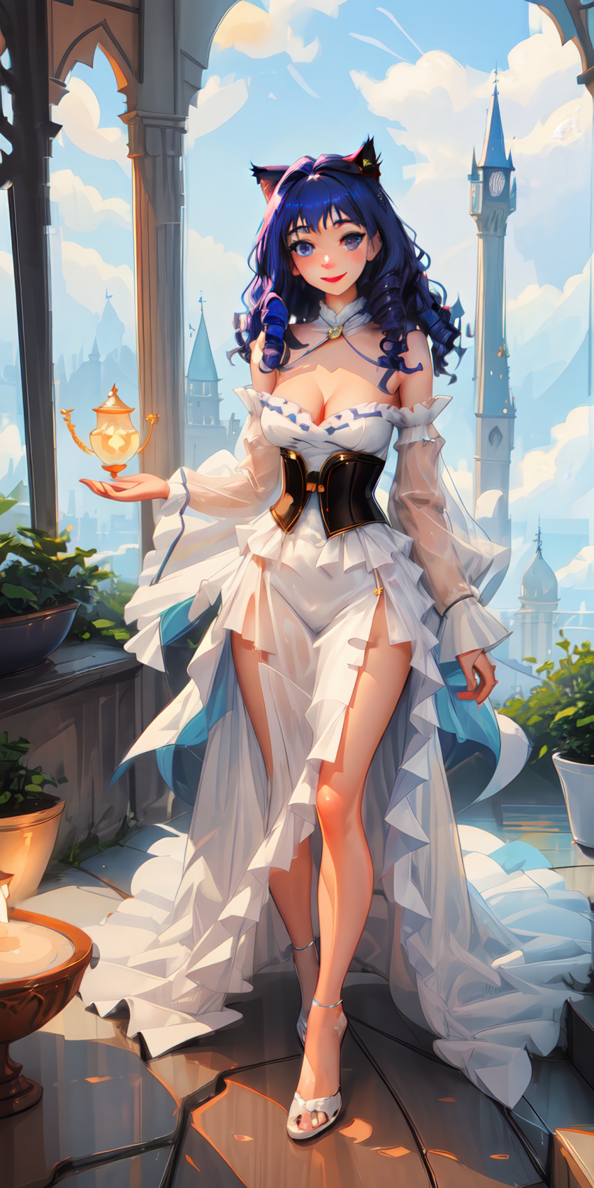 1girls ai_generated animal_ear_fluff animal_ears ankle_strap anklet bangs bare_legs bare_shoulders blue_eyes blue_hair blue_sky blush breasts building castle cat_ears cat_girl cleavage closed_mouth cloud corset curly_hair day detached_collar detached_sleeves dress drill_hair frilled_dress frilled_sleeves frills full_body hairband halterneck high_heels jewelry large_breasts legs lips lipstick long_dress long_hair long_sleeves looking_at_viewer makeup medium_breasts nail_polish natsuyoru outdoors panties pillar plant potted_plant red_lips ribbon_trim ringlets sandals see-through see-through_dress see-through_sleeves side_slit sky smile solo standing strapless strapless_dress strappy_heels toenail_polish toenails toes tower underwear unnamed_character walking water white_dress white_footwear