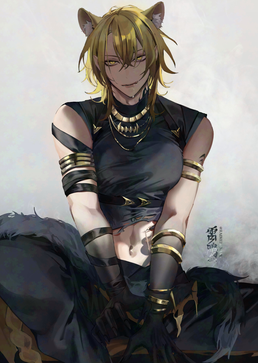 1boy absurdres animal_ear_fluff animal_ears arm_ribbon armlet between_legs black_pants black_ribbon black_shirt blonde_hair drooling gold_armlet gradient_skin hand_between_legs highres jewelry licking_lips looking_at_viewer luca_kaneshiro male_focus midriff navel nijisanji nijisanji_en pants raimei_naru ribbon shirt simple_background solo tail tongue tongue_out torn_clothes torn_shirt virtual_youtuber white_background yellow_eyes