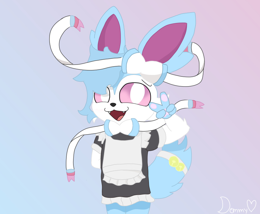 anthro blue_body blue_fur clothing demmy eeveelution fan_character fur generation_6_pokemon hi_res maid_uniform male nintendo pokemon pokemon_(species) pose shiny_pokemon solo sylveon tail uniform