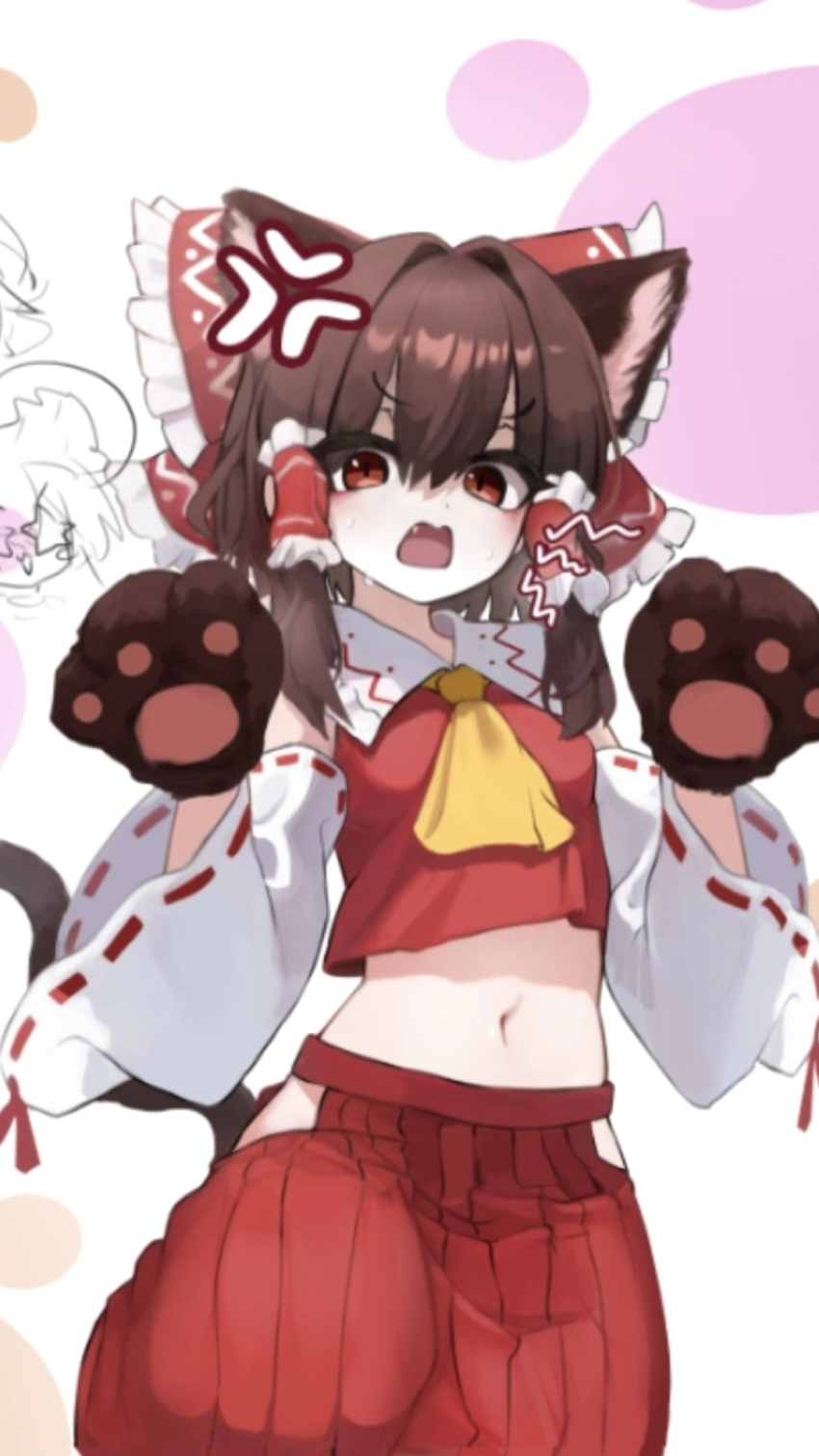 anger_vein animal_ears animal_hands ascot bare_shoulders blush brown_hair cat_ears cat_tail commentary_request cowboy_shot crop_top detached_sleeves female frilled_hair_tubes frilled_shirt_collar frills frown gloves hair_tubes hakama hakurei_reimu hands_up highres hip_vent japanese_clothes korean_commentary long_sleeves medium_hair midriff navel nontraditional_miko oerba_yun_fang open_mouth paw_gloves red_hakama red_shirt ribbon-trimmed_sleeves ribbon_trim shirt sidelocks sleeveless sleeveless_shirt solo stomach sweat tail touho_0505 touhou w_arms white_background wide_sleeves yellow_ascot