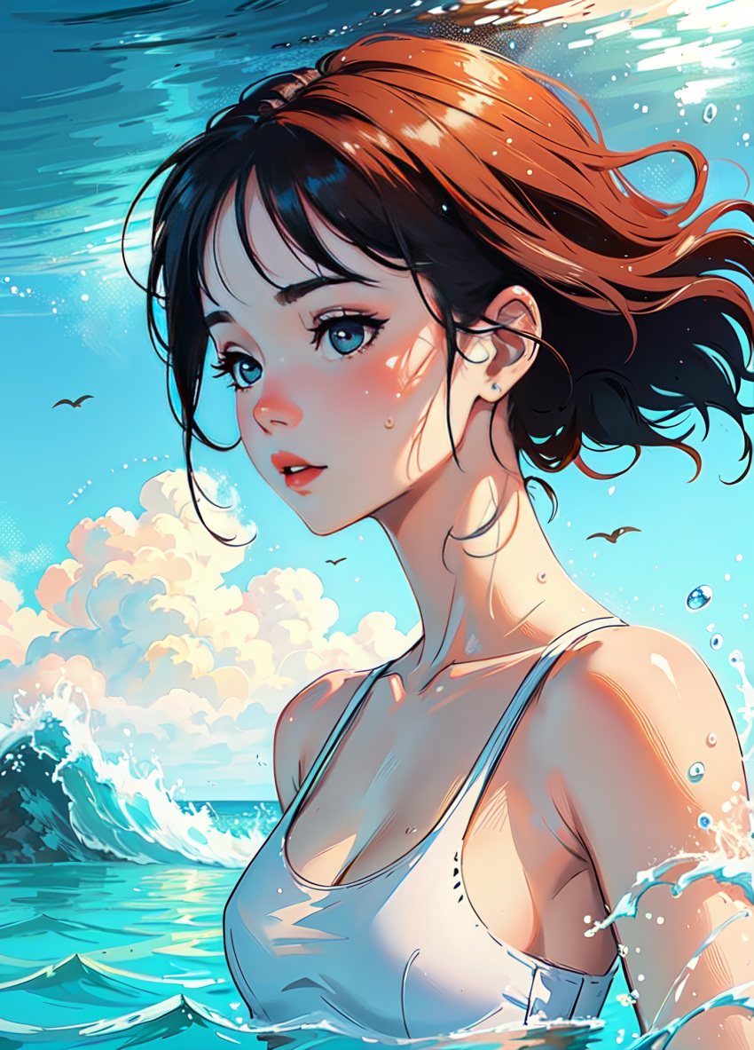 1girls ai_generated bare_shoulders bikini bird blue_eyes blue_sky blush breasts brown_hair cleavage cloud cloudy_sky collarbone cumulonimbus_cloud day earrings eyelashes floating_hair jewelry lips looking_at_viewer makeup medium_breasts medium_hair mole mole_on_breast natsuyoru ocean one-piece_swimsuit outdoors parted_lips partially_submerged partially_underwater_shot red_lips seagull short_hair sideboob sky solo stud_earrings summer swimsuit tank_top unnamed_character upper_body water water_drop waves wet white_bikini white_one-piece_swimsuit